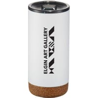 White tumbler with cork bottom and clear plastic lid
