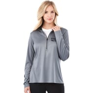 Woman wearing grey half zip pullover with black logo