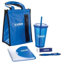 Royal blue 5 piece set, lunch bag, tumbler, notebook, charger, pen