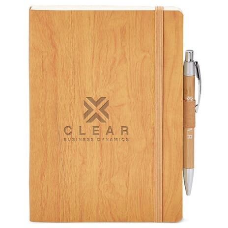 Brown woodgrain-look journal with debossed logo and attached pen