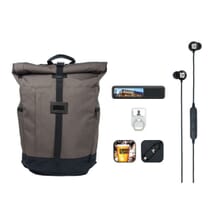 Travel tech accessory set, hiking bag, earbuds, and chargers
