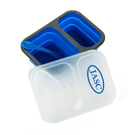 Silicone collapsible food container with transparent lid and travel utensils