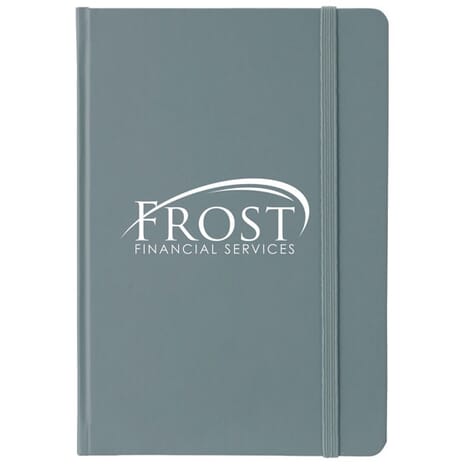 Grey faux leather notebook with white logo