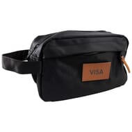 Black zippered dopp kit with brown leather patch with embossed logo