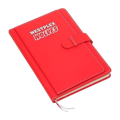Bright red journal with white logo and strap closure