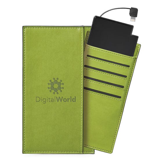 Green vinyl power bank and card holder with debossed logo.