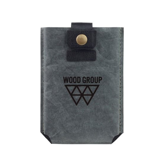 Dark grey phone wallet with black logo and snap closure.