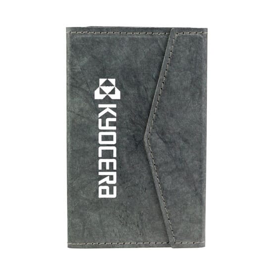 Dark grey flap-closure phone wallet with white logo.