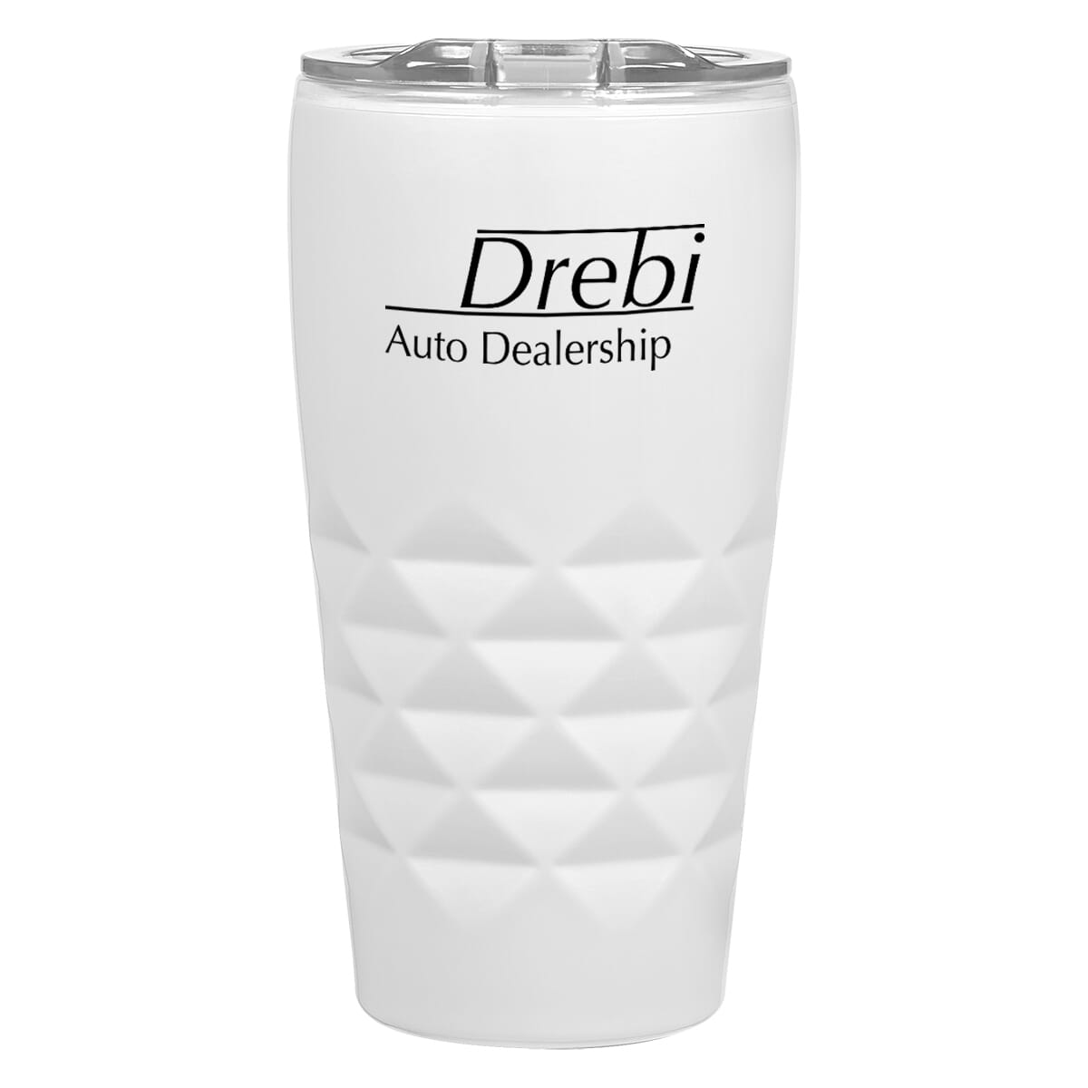 white textured tumbler with logo