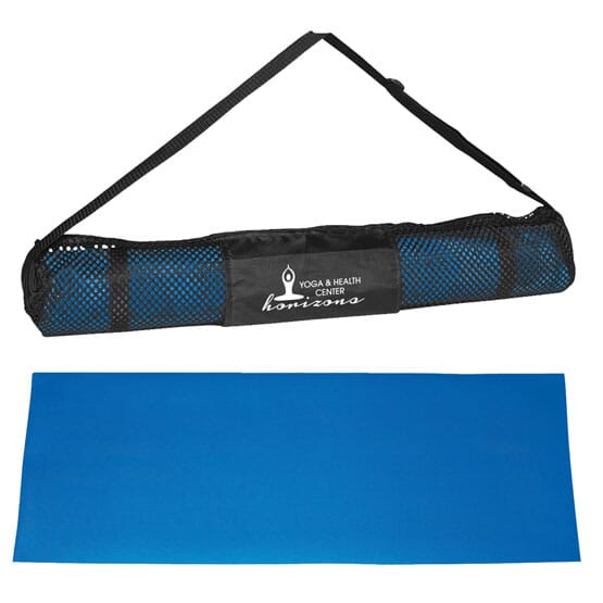 Blue yoga mat with black mesh carry bag