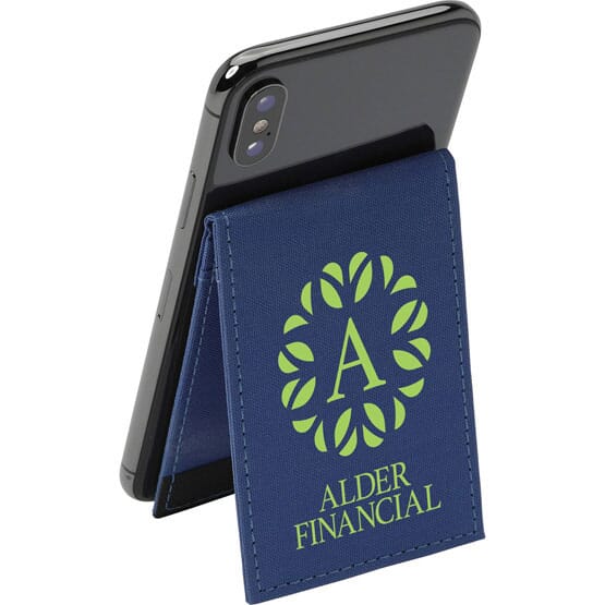 Navy blue phone wallet with green logo acting as a stand for a black smartphone.