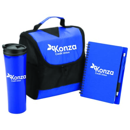 Matching purple and black tumbler, lunch bag and notebook with pen, all with white logos
