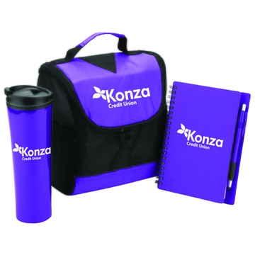 Matching purple and black tumbler, lunch bag and notebook with pen, all with white logos