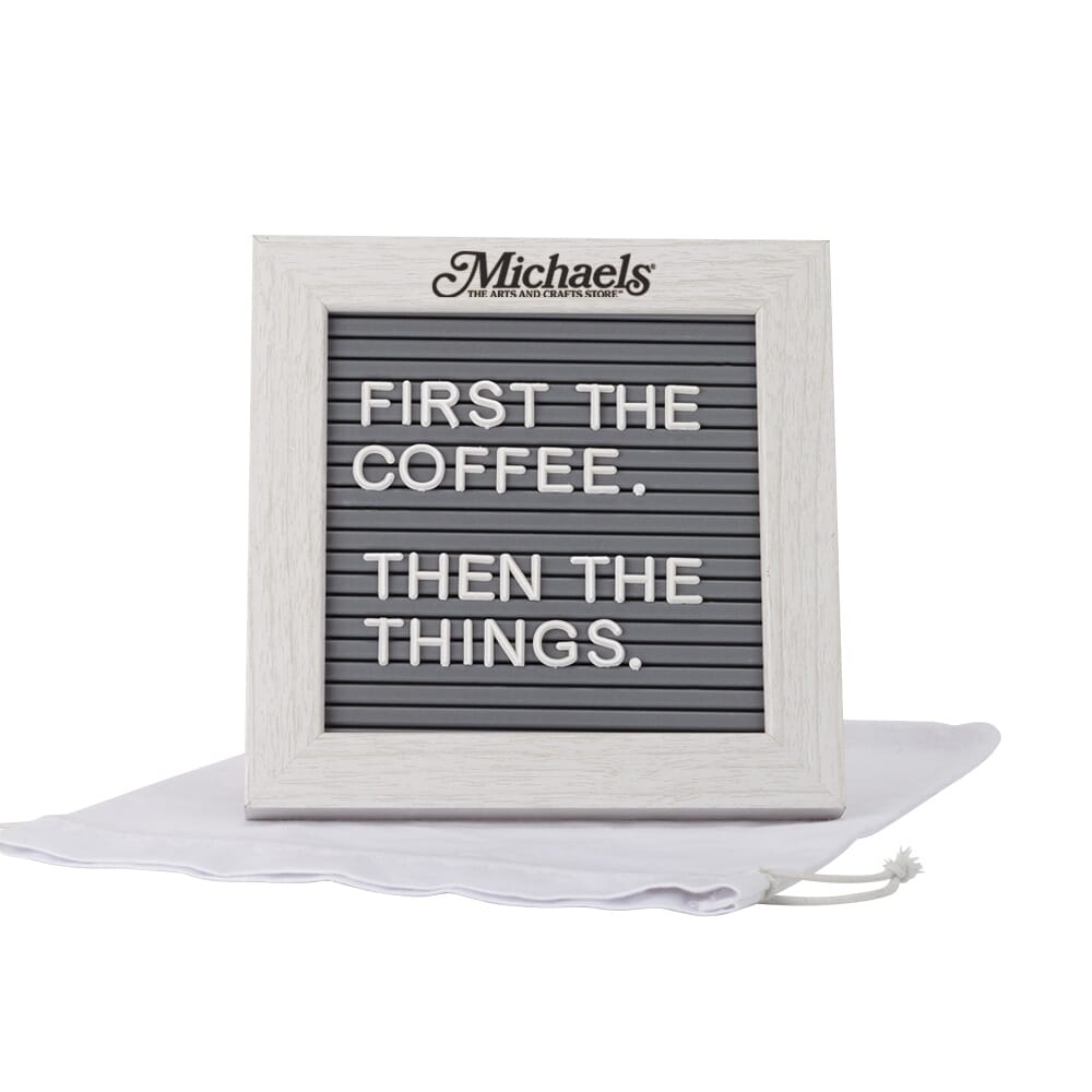 Whitewashed wood frame with gray plastic message board