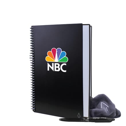 Black spiral-bound notebook with white and rainbow logo