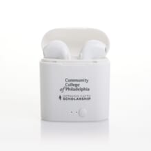 White rechargable earbuds with charging dock