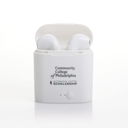White rechargable earbuds with charging dock