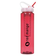 Red translucent plastic bottle with matching straw, white lid and black logo