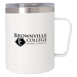 Travel coffe mug with lid, handle, and logo