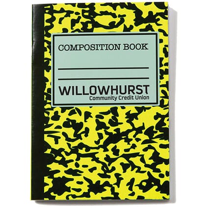 Neon yellow and black composition book with black logo