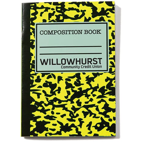 Neon yellow and black composition book with black logo
