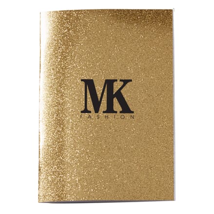 Glittery gold notebook with black logo