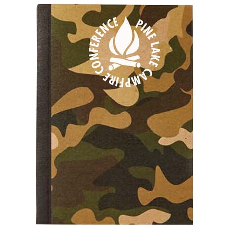 Brown and green camouflage notebook with white logo