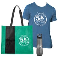 Green tote bag, blue t-shirt and grey water bottle, all imprinted with white logos
