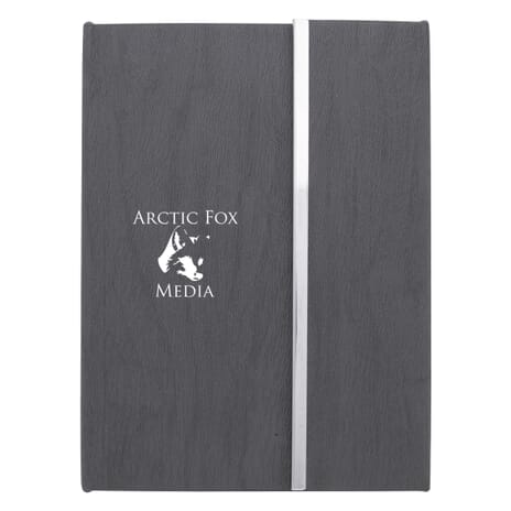 Grey woodgrain-look padfolio with white logo
