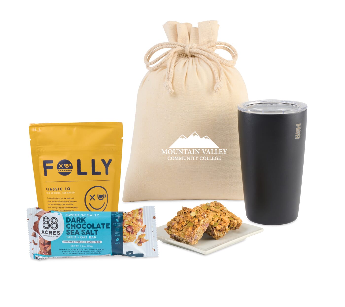 gift set with travel coffee mug and snacks