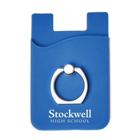 Blue silicone phone wallet with white logo and silver ring grip.