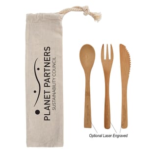 3 Piece Bamboo Utensil Set In Travel Pouch Eco