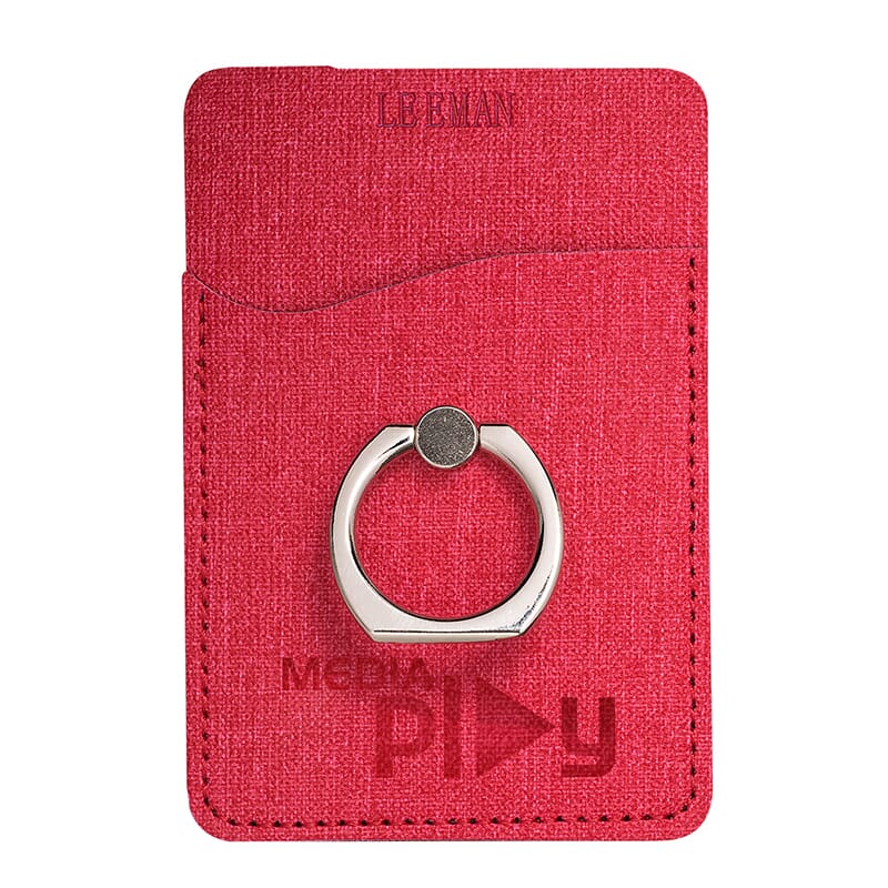 Red leather-like phone pocket with debossed logo and silver ring grip.