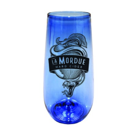 transparent blue stemless flute with logo