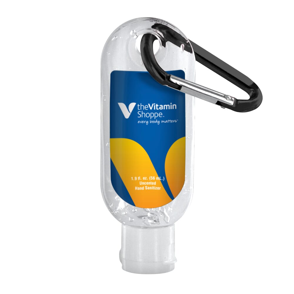 Travel size hand sanitizer with carabiner clip