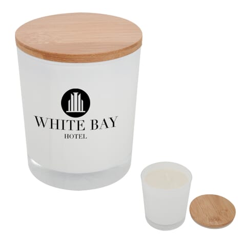 white vanilla soy candle with bamboo lid and log on jar