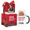 white mug with logo cookies and hot cocoa