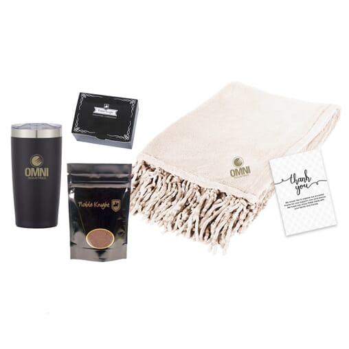 Gift set with insulated tumbler, blanket, coffee, and box of candy