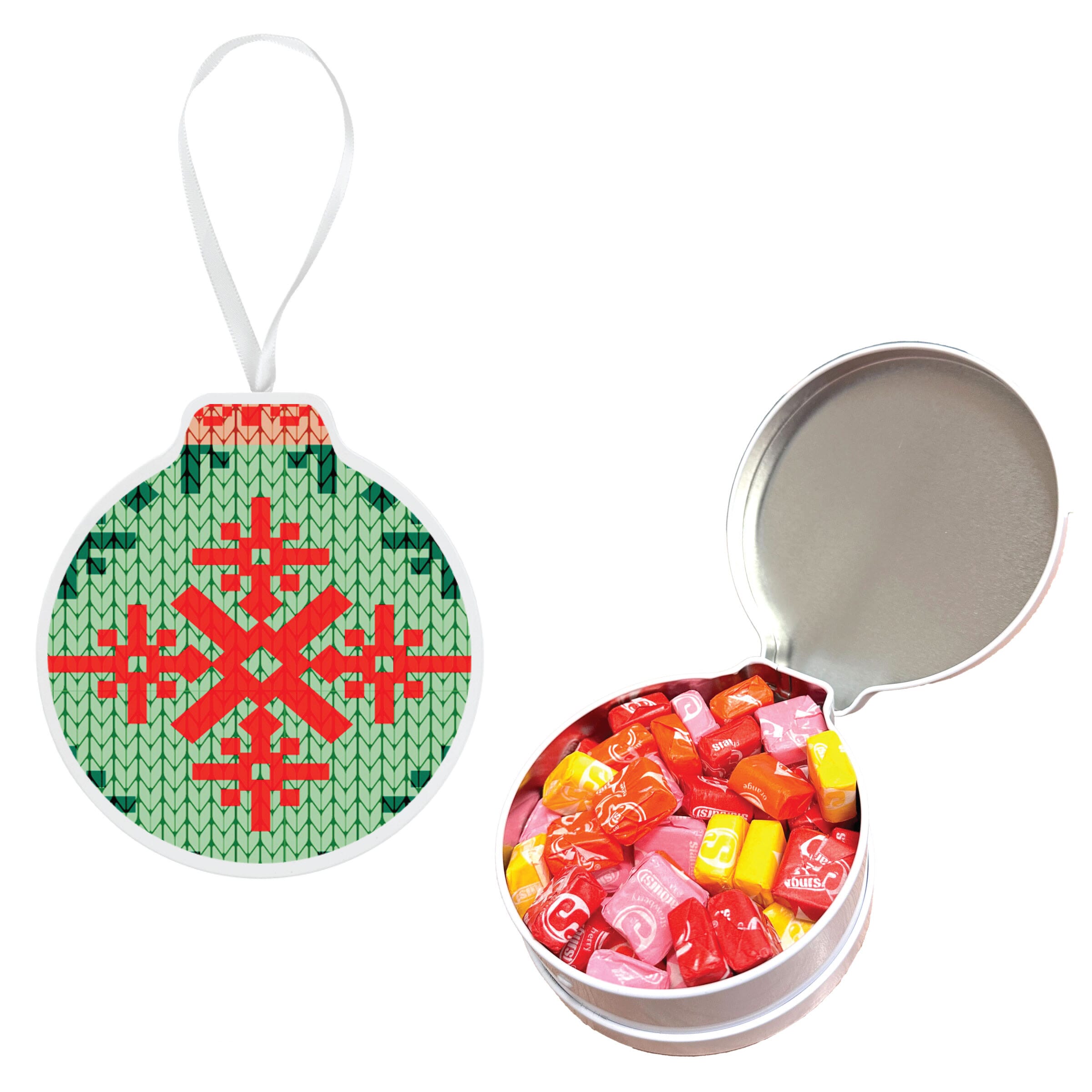 Custom ornament tin filled with starbursts candy