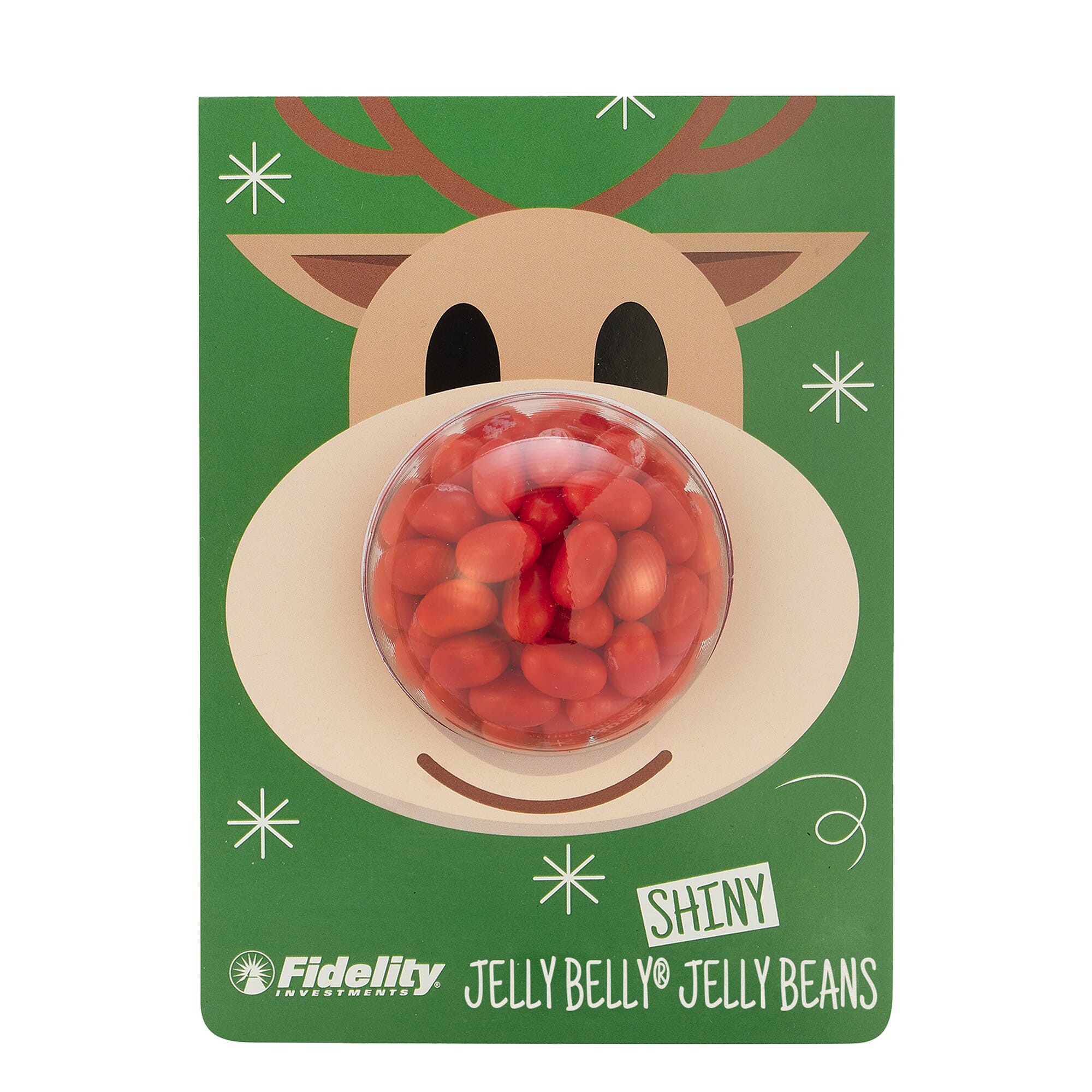 Custom reindeer holiday card with cherry jelly belly jelly beans