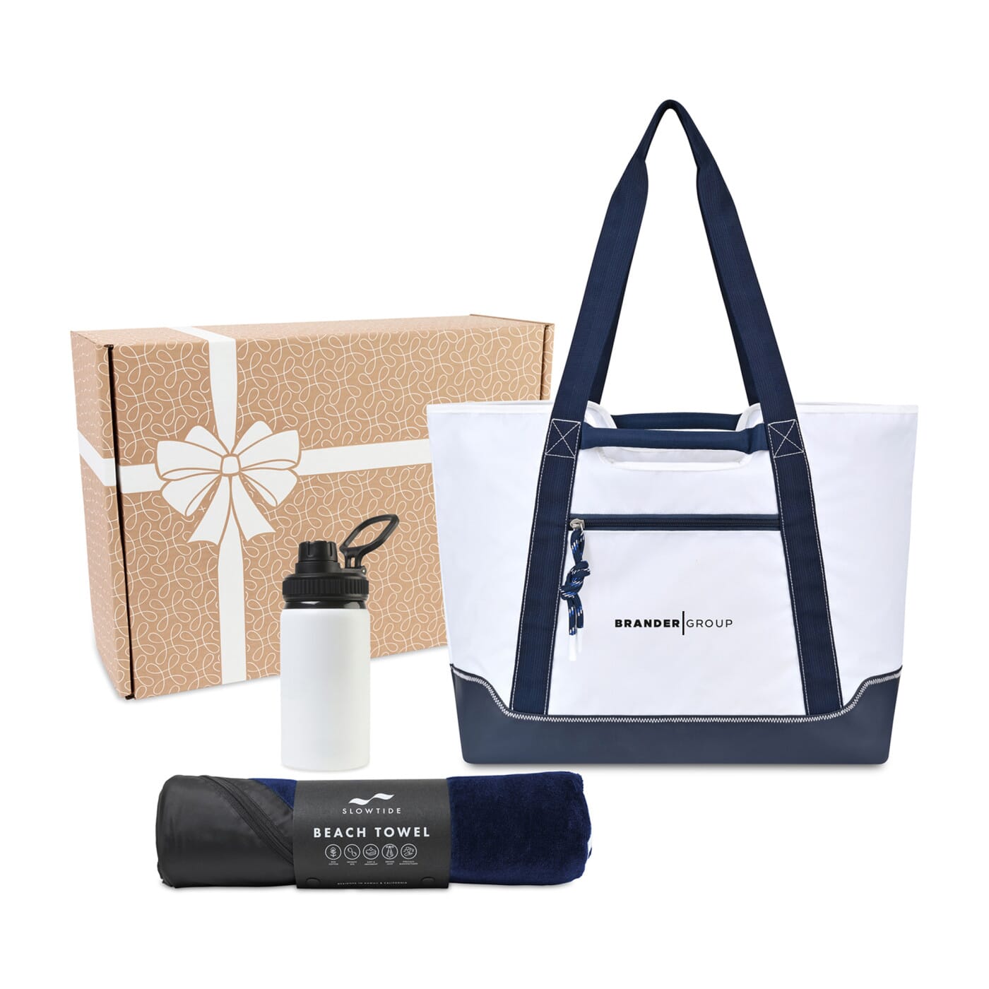 Tote, beach towel, and water bottle set