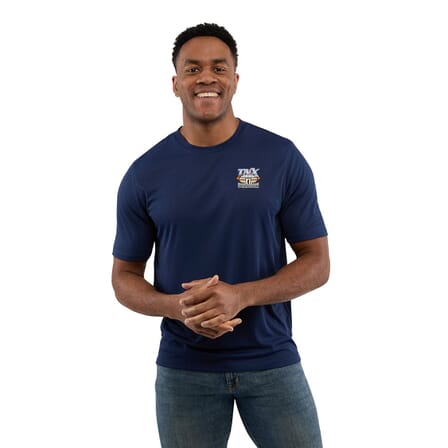 navy dara t-shirt with UPF protection and full color logo