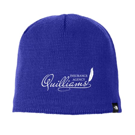 bright blue north face knit beanie with embroidered logo