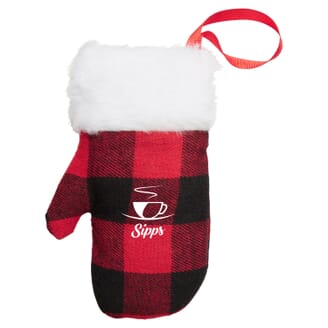 plaid winter mitten ornament with logo
