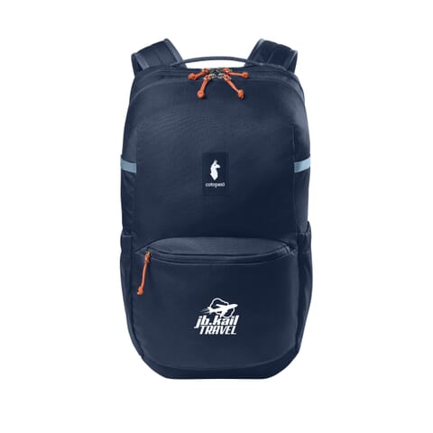 navy blue cotopaxi backpack with logo and orange zipper pulls