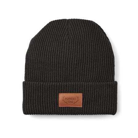 black knit beanie with debossed faux leather patch
