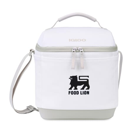 white and gray igloo soft cooler with logo