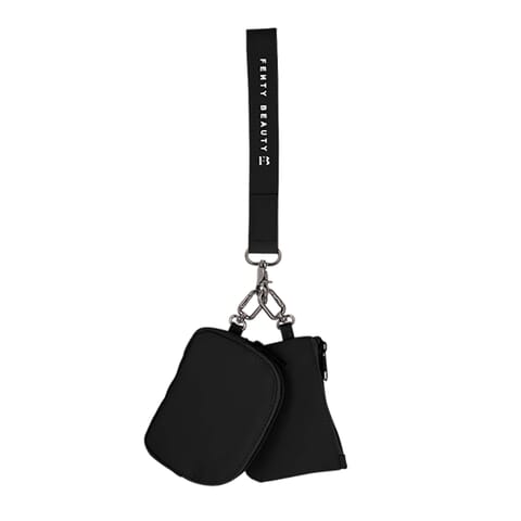 black logo'd wristlet with two attached pouches and gunmetal clasps