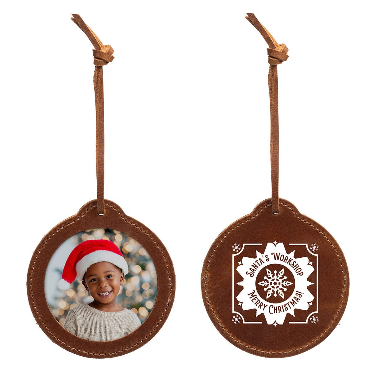 Custom Leather Photo Ornament - Christmas Souvenir with Logo | Crestline